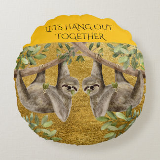 Gold Pillow - Sloth Design - round cushion 
