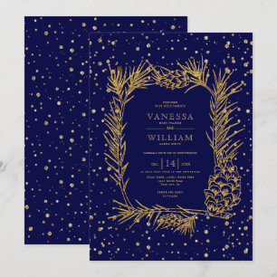 Gold pine and confetti navy blue winter wedding invitation