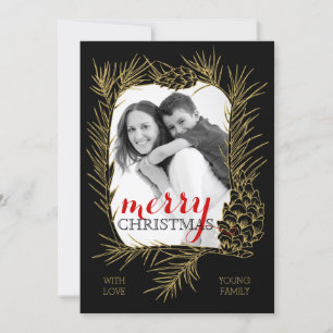 Gold pine branch and cone frame Merry Christmas Holiday Card