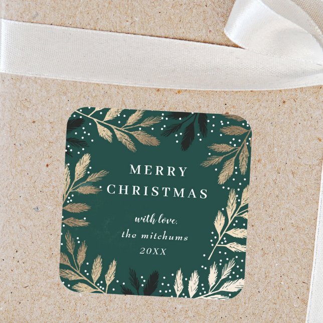 Gold Pine Branch Green Merry Christmas Holiday Square Sticker (Elegant green and gold christmas gift tag.)