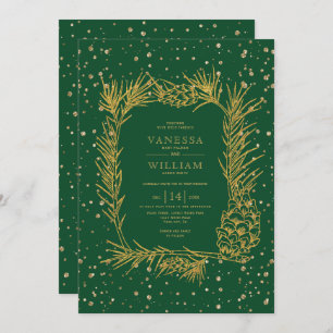 Gold pine, confetti emerald green winter wedding invitation