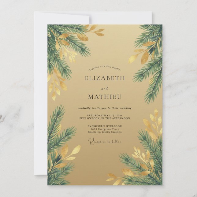 Gold Pine Forest Eucalyptus Wedding Invitation (Front)