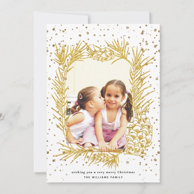 Gold pine frame and confetti Christmas photo Holiday Card (Front)