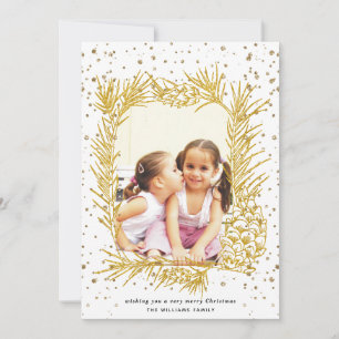 Gold pine frame and confetti Christmas photo Holiday Card