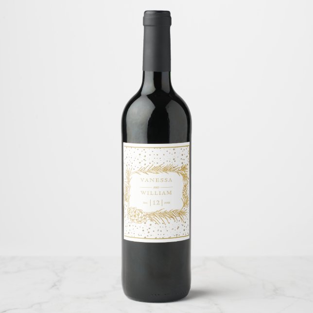 Gold pine frame, border winter Christmas wedding Wine Label (Front)