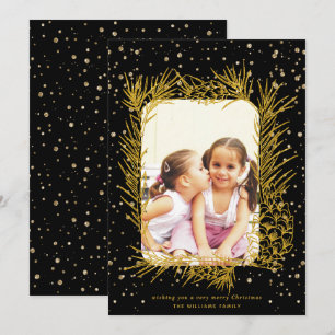Gold pine frame confetti black Christmas photo Holiday Card
