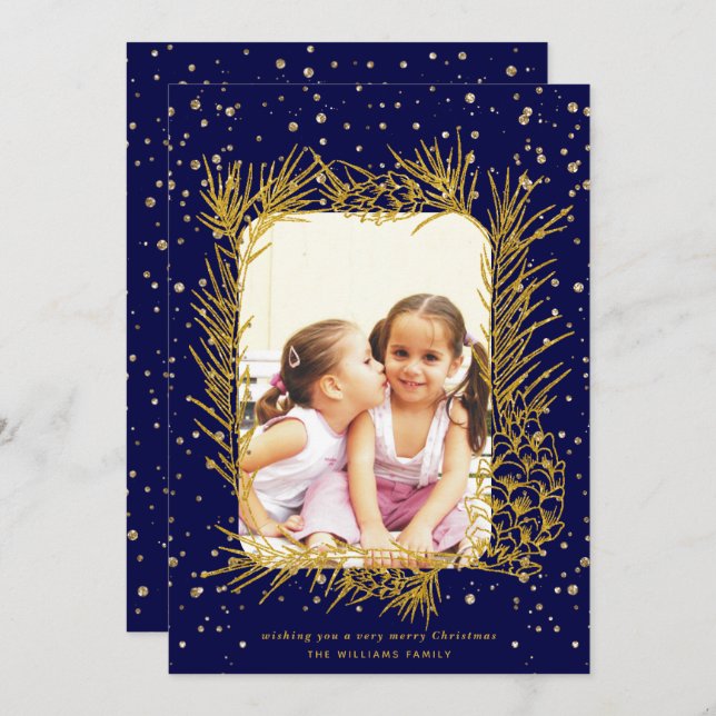 Gold pine frame confetti navy blue Christmas photo Holiday Card (Front/Back)