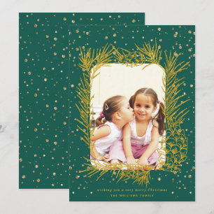 Gold pine frame, evergeen green Christmas photo Holiday Card