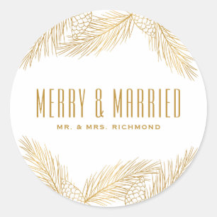 Gold Pine Needles Merry and Married Christmas Classic Round Sticker