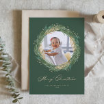Gold Pine Needles Wreath Green Christmas Photo Holiday Card<br><div class="desc">Merry Christmas! Customisable Christmas photo card for your loved ones. It features watercolor illustrations of green pine needles and faux gold foil pine needles with a festive green background. Personalise by adding a photo, names, year and message. This faux gold foil Christmas card is part of a collection. Matching items...</div>
