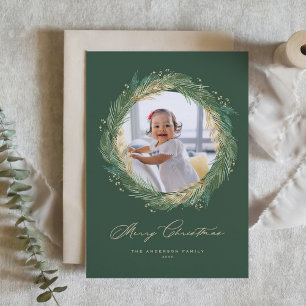Gold Pine Needles Wreath Green Christmas Photo Holiday Card