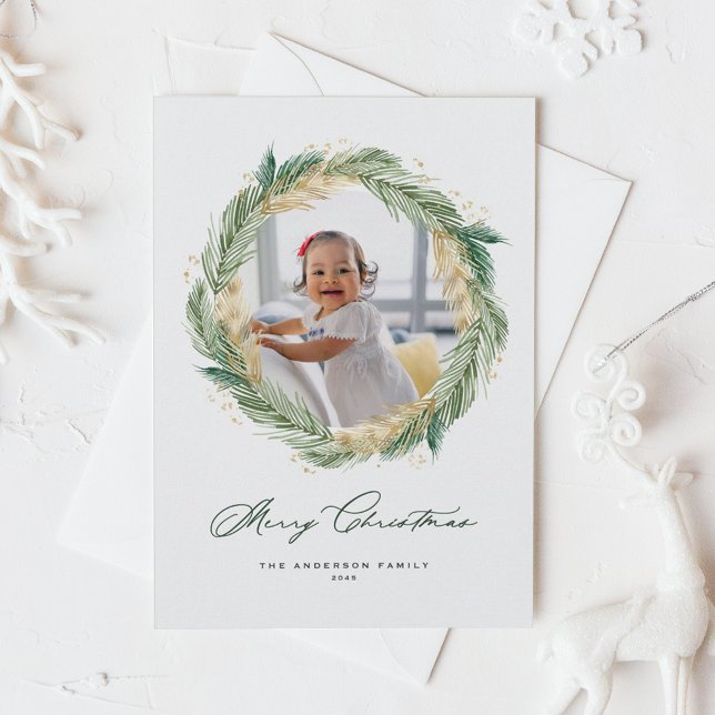Gold Pine Needles Wreath Merry Christmas Photo (Faux Gold Foil Pine Needles Wreath Merry Christmas Photo Holiday Card)