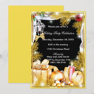 Gold Pine Ornaments Christmas Party Invitation
