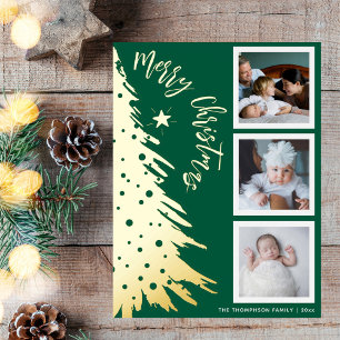 Gold Pine Tree 3 Photo Collage Christmas Foil Holiday Postcard