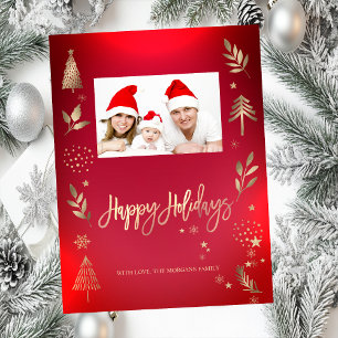 Gold Pine Tree Branch Red Photo Happy Holidays Note Card