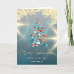 Gold Pine Tree Branches Colourful Balls Holiday Card