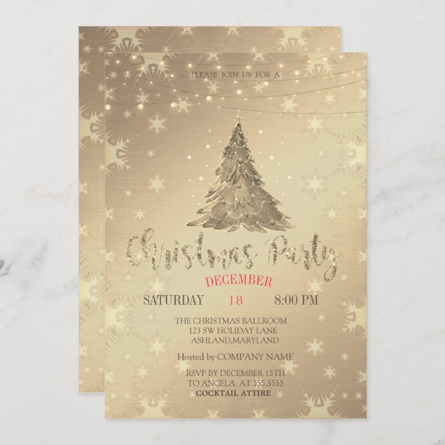  Gold Pine Tree, Gold Christmas Party Invitation (Front/Back)