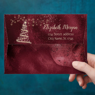 Gold Pine Tree Snowflakes Dark Red Christmas Envelope