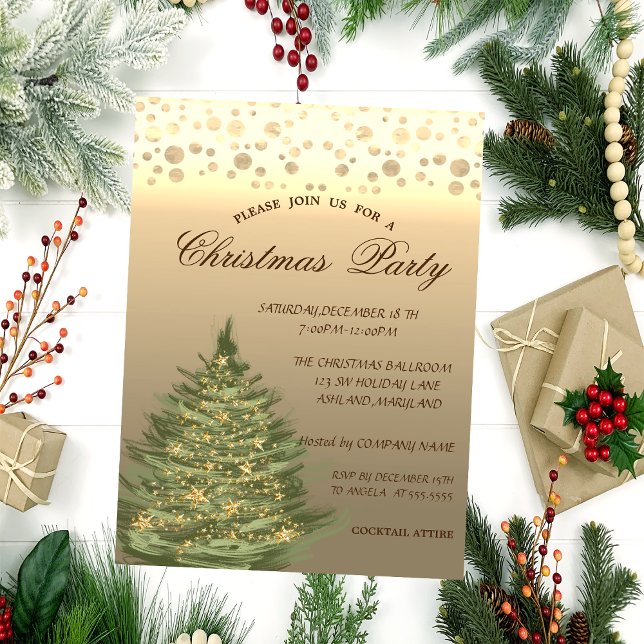Gold Pine Tree,Stars,Dots  Christmas Party Invitation (Creator Uploaded)