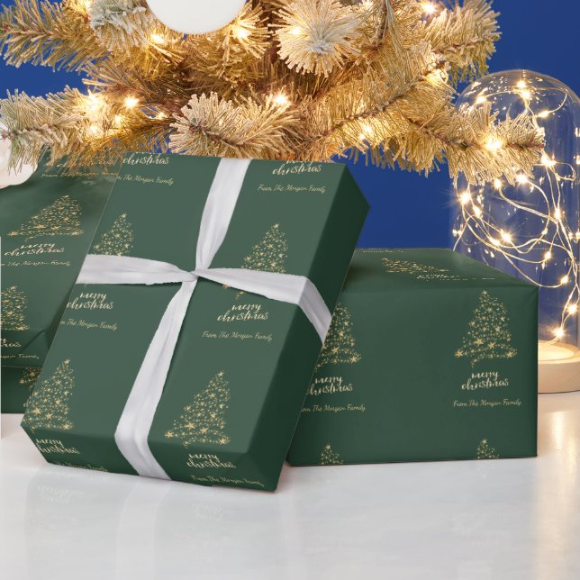 Gold Pine Tree Stars Green Merry Christmas    Wrapping Paper (Holidays)
