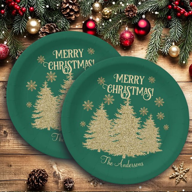 Gold Pine Trees Gold Snowflakes Paper Plate (Creator Uploaded)