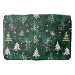Gold Pine trees Silver Snowflakes Hunter Green Bath Mat