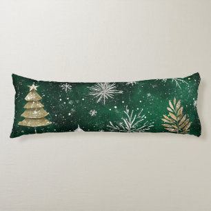 Gold Pine trees Silver Snowflakes Hunter Green Body Cushion