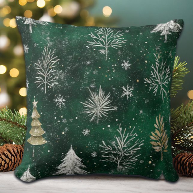 Gold Pine trees Silver Snowflakes Hunter Green Cushion (Creator Uploaded)
