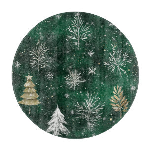 Gold Pine trees Silver Snowflakes Hunter Green Cutting Board