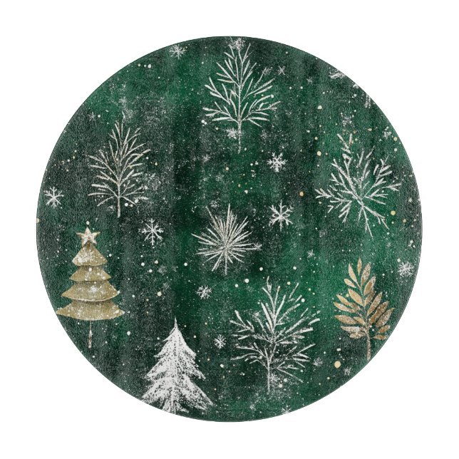 Gold Pine trees Silver Snowflakes Hunter Green Cutting Board (Front)