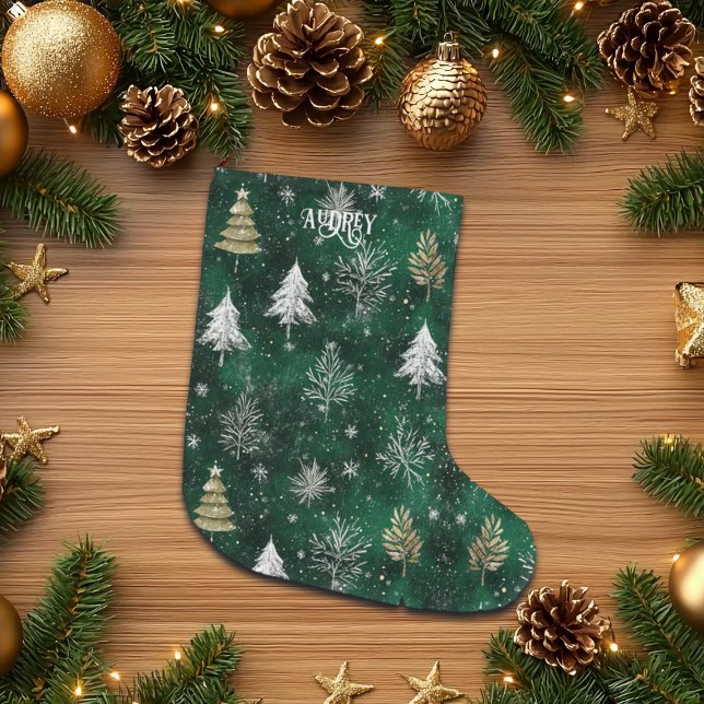 Gold Pine trees Silver Snowflakes Hunter Green Large Christmas Stocking (Creator Uploaded)