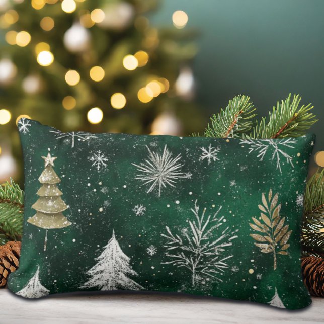 Gold Pine trees Silver Snowflakes Hunter Green Lumbar Cushion (Creator Uploaded)