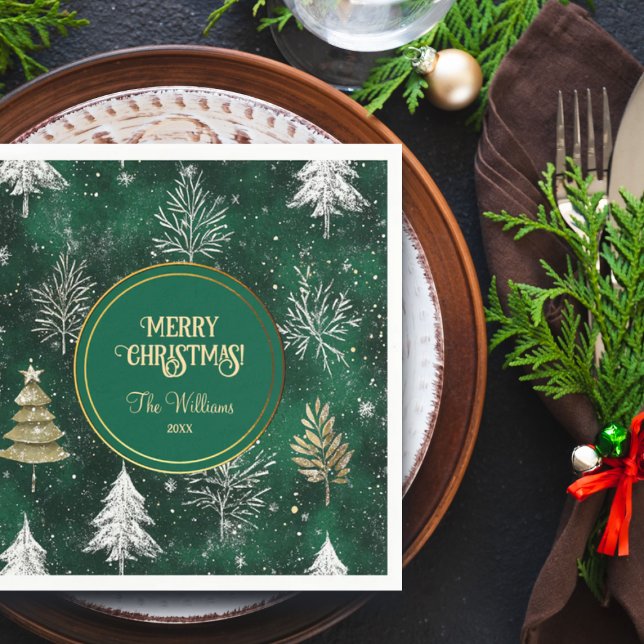 Gold Pine trees Silver Snowflakes Hunter Green Napkin (Creator Uploaded)