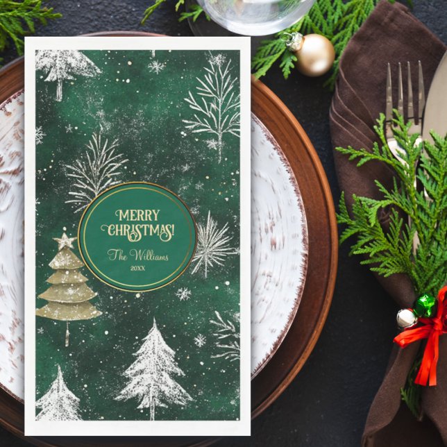 Gold Pine trees Silver Snowflakes Hunter Green Napkin (Creator Uploaded)