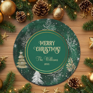 Gold Pine trees Silver Snowflakes Hunter Green Paper Plate