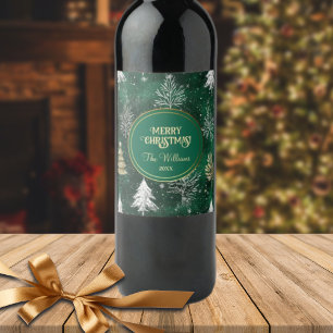 Gold Pine trees Silver Snowflakes Hunter Green Wine Label