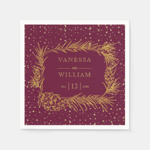 Gold pine with cones Christmas burgundy wedding Napkin