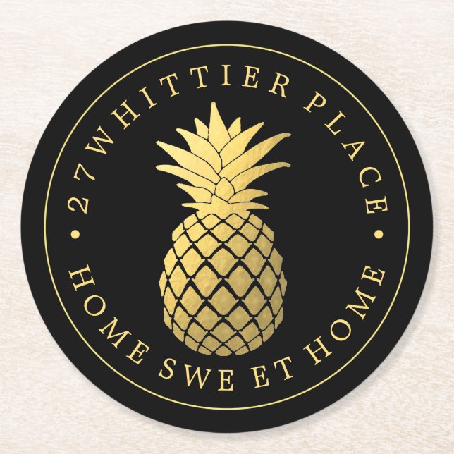 Gold Pineapple | Address With Text Round Paper Coaster (Front)