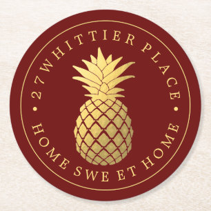 Gold Pineapple Address With Text Round Paper Coaster