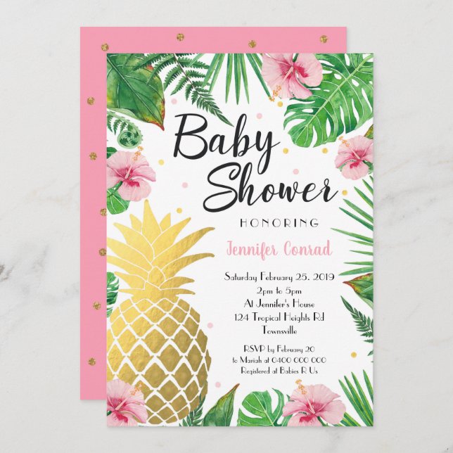 Gold Pineapple Baby Shower Invitation, Tropical Invitation (Front/Back)