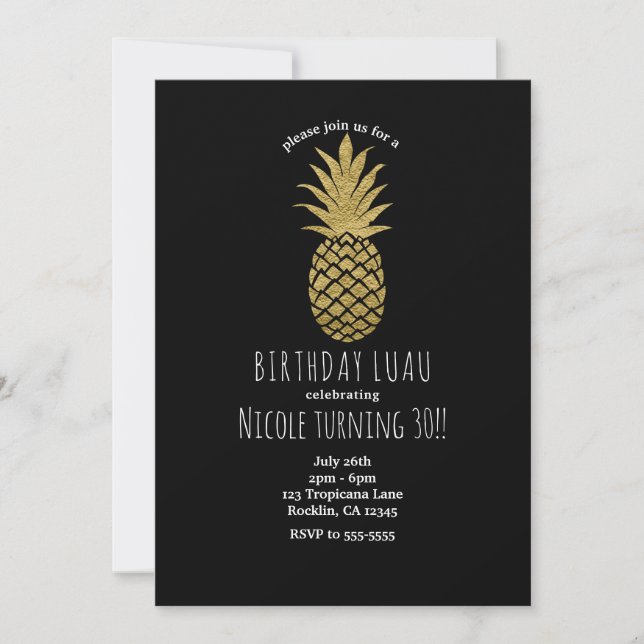 Gold Pineapple Black Modern Chic Tropical Party Invitation (Front)