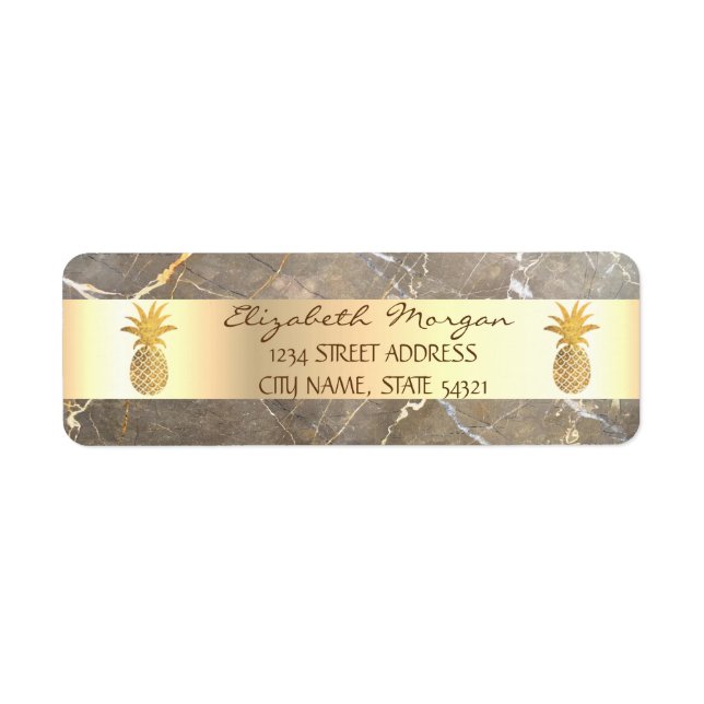 Gold Pineapple Brown Marble Stone  Address Label (Front)