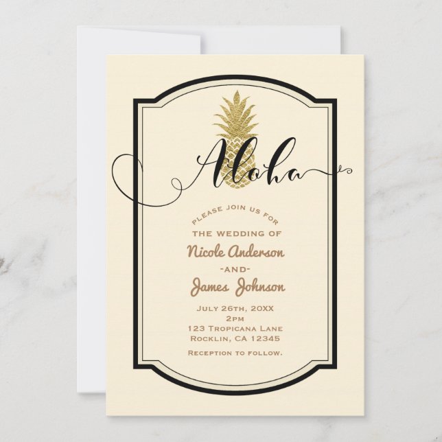 Gold Pineapple Cream & Black Tropical Wedding Invitation (Front)