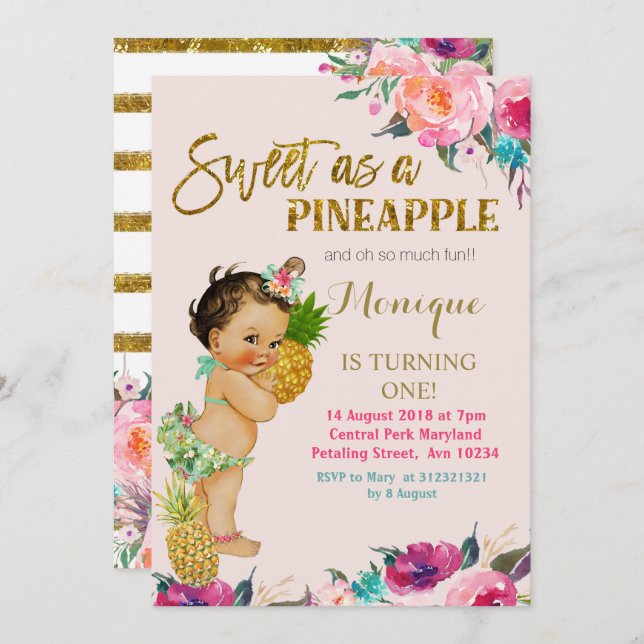 Gold Pineapple FIRST Birthday Invitation (Front/Back)