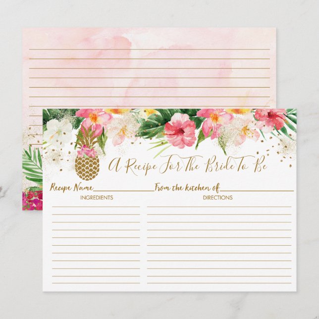 Gold Pineapple Floral Tropical Bridal Recipe Cards (Front/Back)