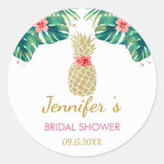 Gold Pineapple Glitter Pink Floral Bridal Shower Classic Round Sticker