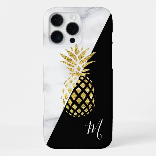 Gold Pineapple Marble Black Monogram iPhone Case (Back)