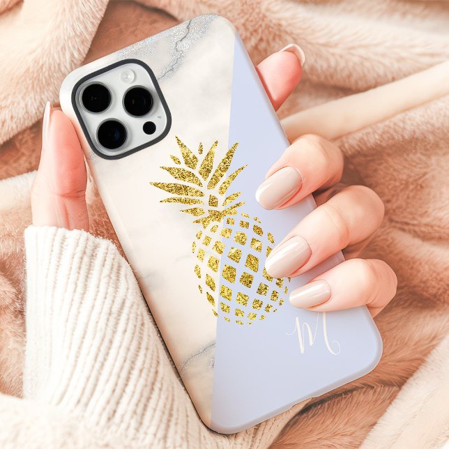 Gold Pineapple Marble Blue Pastel Monogram Case-Mate iPhone Case (Creator Uploaded)