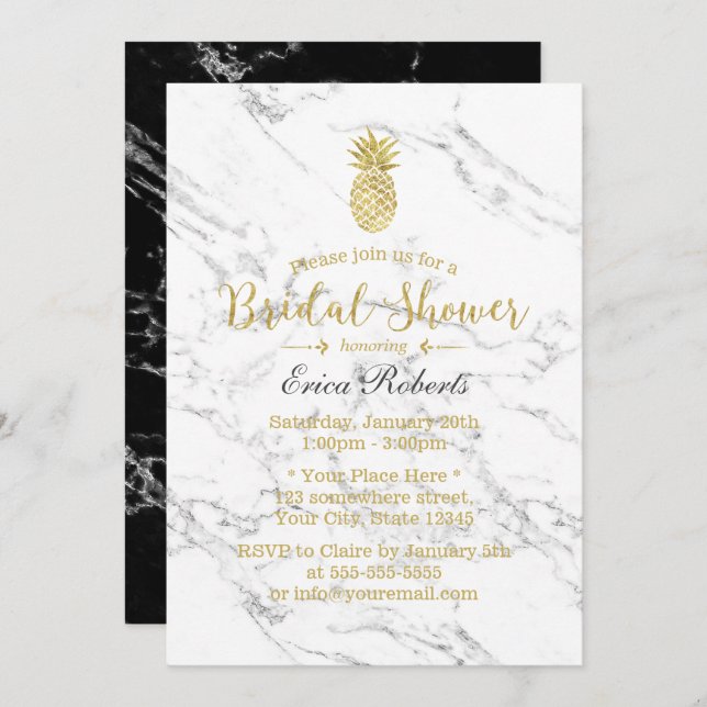 Gold Pineapple Modern Marble Bridal Shower Invitation (Front/Back)