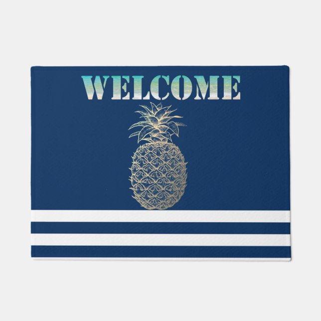 Gold Pineapple Nautical Navy Blue Striped   Doormat (Front)